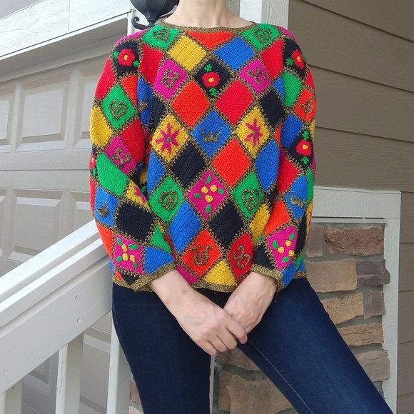 Vintage Sweaters - Vintage Multicolor Quilted Patch Sweater
